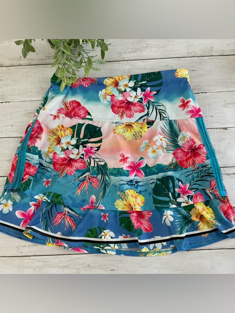 Lucky in Love skort with short under. Tropical Floral Teal, Pink, Yellow SkirtXS